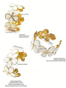 3 PIEZAS Pulseras de acero inoxidable para mujer con diseño minimalista de moda vintage elegante, forma de flor de plumeria/flor de cuatro hojas asimétrica, adecuadas para uso diario/fiesta/banquete nocturno/desplazamiento/té de la tarde/pueden ser un regalo festivo para seres queridos - Amarillo Oro - Ver 12