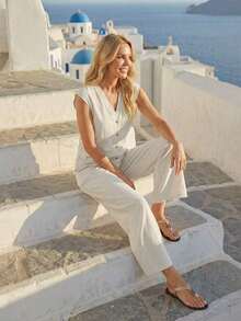 Women's Versatile And Fashionable Solid Color Jumpsuit With Buttons For Vacation - Burgundy - View 6