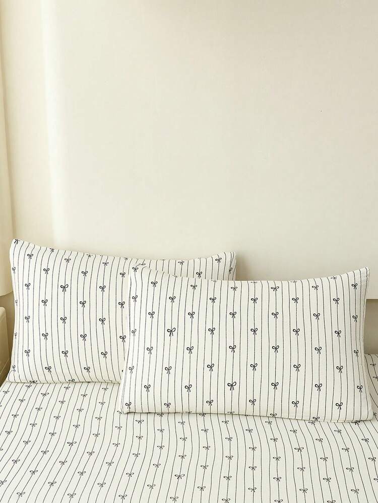 2 piezas Juego de Fundas de Almohada con Lazo a Rayas, Super Suave y Transpirable, Sin Relleno, Lavable a Máquina, Estilo Dulce de Niña, Adecuado para Cubiertas de Almohada de Sobre, Accesorios de Cama para Dormitorio - Blanco y Negro - Añade 1