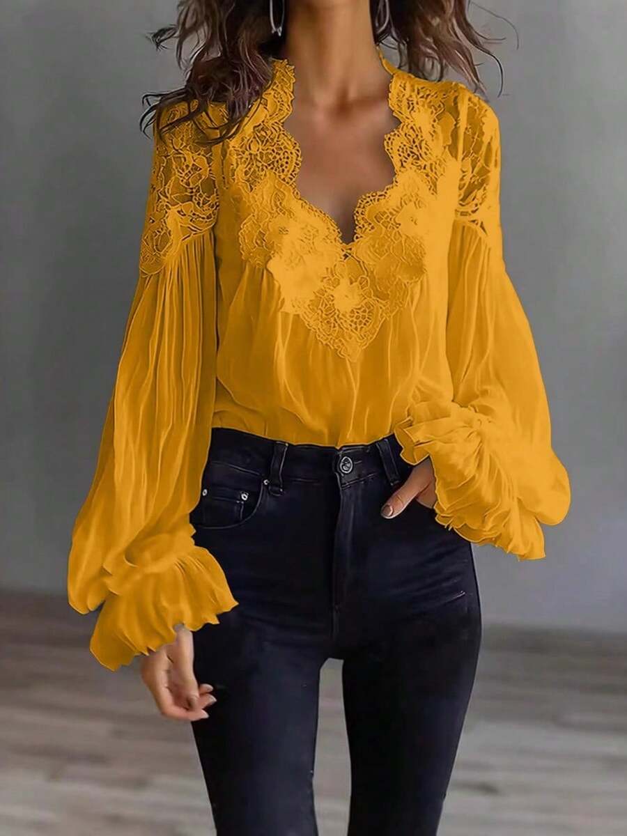 Blusa elegante amarilla de mujer con cuello en V y manga larga, estilo vintage, de poliéster, para un look otoñal encantador. - Amarillo - Ver 1