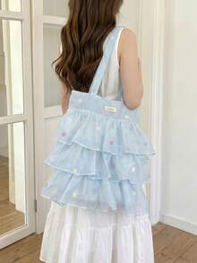 Ditsy Floral Layered Cake Tote Bag, Soft Chiffon Ruffle Korean Style Girl's Commute & School Large Capacity Shoulder Bag - Blue - View 4