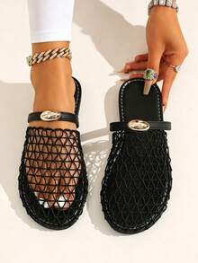 Wide Fit Women's Fashion European And American New Arrival Backstrap Fishnet Flat Sandals, Hollow-Out Comfortable Beach Slides - Black - View 12
