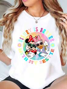 Minnie Mouse And Daisy Duck With Sunglasses And Lemonade Rainbow Circle Print Disney Women T Shirt Round Neck Short Sleeve For Casual Wear Vacation Summer Soft Comfortable 220g - trắng - Xem 1