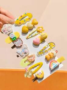 14pcs/Set Pinces à frange mignonnes de dessin animé, combinaison de couleurs fraîches de ton jaune avec des éléments de chat, ours en peluche, fleurs, couleurs vives et douces, convenant pour les chignons, les couettes ou les coiffures décontractées - Pour les femmes et les filles, convenant pour le quotidien, les rendez-vous, l'école, les vacances, la plage, les fêtes, les vacances, les cadeaux, la saison des remises de diplômes, barrettes à cheveux, pinces à cheveux - Multicolore - Voir 4