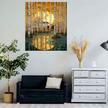 2D Plano, Bosque de Abedules Vintage y Sol Gigante - Póster de Lienzo Enmarcado en Madera de Abedul Dorado de Otoño, Montado Previamente, Bosque Romántico de Abedules Adecuado para Decoración de San Valentín, Pascua, Año Nuevo - Decoración Económica para Habitaciones, 2D Plano - Enmarcado - Ver 5