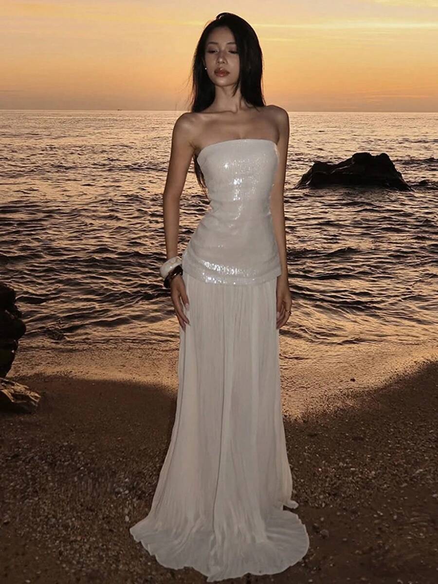 SIsterlinda-vestido elegante de lentejuelas para mujer, vestido sin mangas con cremallera, para playa, vacaciones, de cumpleaños, Club, ceñido elástico - Beis - Ver 1