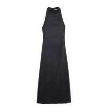 Nuevo Vestido Largo de Satén de Seda con Hombros Descubiertos y Cuello Halter Estilo Vacaciones en la Playa para Mujer, Falda... - Negro - Ver 4