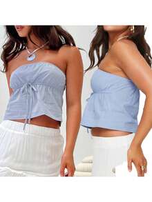 Women Drawstring Tube Tops Solid Color Summer Strapless Cropped Bandeau Backless Shirts For Streetwear - Sky Blue - View 6