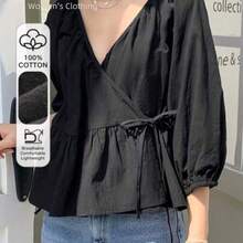 Fashion Women's Clothing  Camisa de manga larga con cinturón envolvente de unicolor, casual para primavera/verano, con volantes - Negro01 - Ver 1