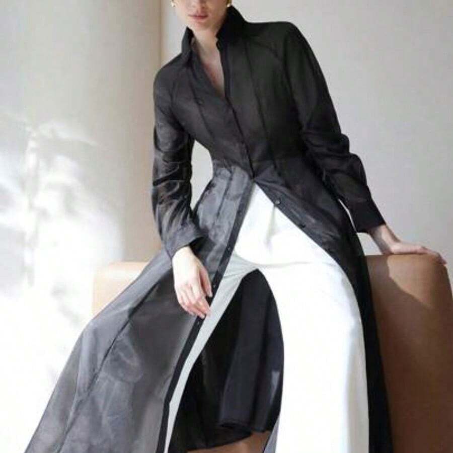 Camisa elegante y sexy de tela texturizada transparente, vestido camisa maxi con cuello en V, mangas de pétalo, manga larga, cintura ceñida y falda plisada y acampanada para mujeres - Negro - Ver 1