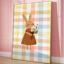 1pc Frameless Cozy Cartoon Bunny Colorful Plaid Wall Art - Playroom, Cute Animal Poster For Bedroom Dorm Home Office Classroom, Apartment Bedroom Wall Art, Party Decor & Best Gift Choice, Room Decor Bedroom, Decoration, Prints For Wall, Posters, Vintage Decor - Cartoon - View 3