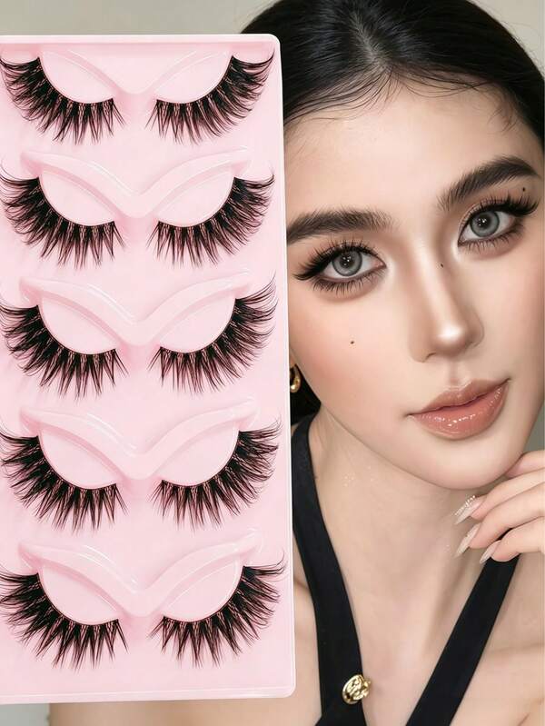 5 Pairs Fox Eye False Eyelashes, 360° Natural Curling & Long‑Lasting Curl, European American Mixed Race Style, Wispy Fluffy Voluminous Lashes, Soft Lightweight For Daily & Party Makeup