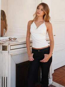 Womens Rivets Studded Halter Neck Plunge Cami Top Self-Tie Spaghetti Straps V-Neck Cut Out Front Crop Tank Top Camisole Vest Y2K Streetwear Party Tops - F214542-白色 - 查看 3