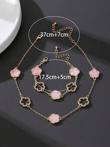 1 Set Delicate Elegant Hollow Sparkling Sweet Pink Clover Girl Bracelet & Necklace Jewelry Set - Pink - View 5