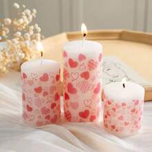 1/3 Packs White Printed Pillar Candles With Pink Heart Pattern - 3"Tall 2" Diameter, Dripless Smokeless Unscented Candles ForHome Decor, Valentine's Day, Wedding Centerpieces - A - View 12