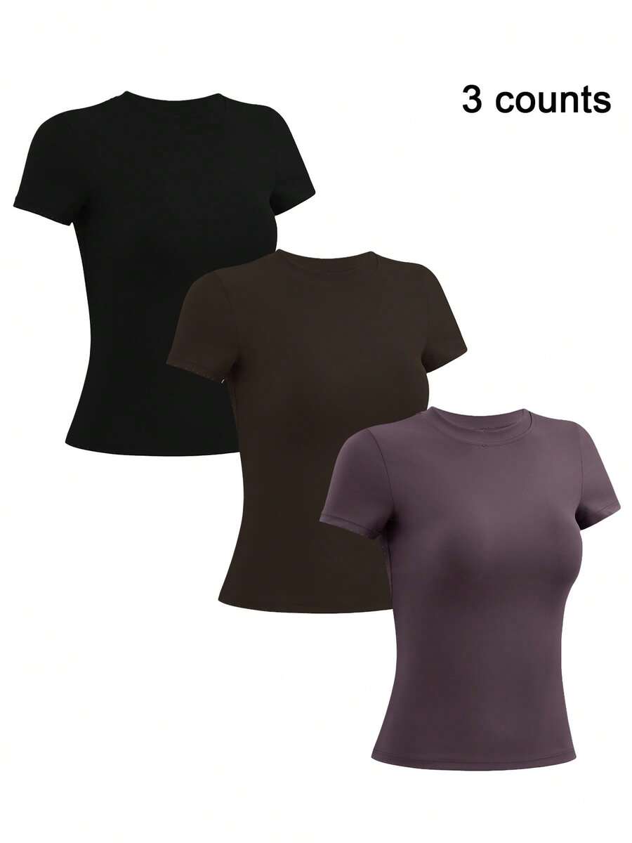 NcmRyu 3 buah Kaos Wanita Lengan Pendek Kasual Sporty Kerah Bulat Pas Badan Warna Polos - MultiWarna - View 1