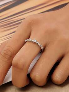 Nooxian 1 pieza Anillo ajustable con forma de corazón de cobre con circonita y strass - Plateado - Ver 3