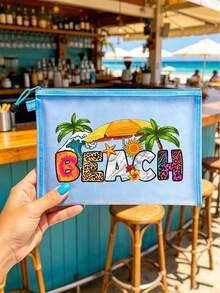 印有「Beach」海灘主題波浪圖案網格化妝包，附椰子樹、海星、太陽、遮陽傘圖案，紅色墊層便攜式化妝收納包，護膚包，旅行必需品，宿舍用品，新娘婚禮禮物，母親節禮物，生日禮物，同事、朋友、老師禮物，浴室收納 - 彩色 - 查看 4