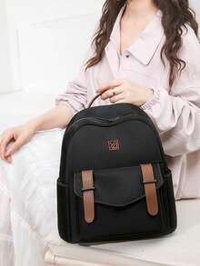 Mochila de gran capacidad para mujeres, bolso clásico de unicolor para damas - Negro 10 - Ver 5
