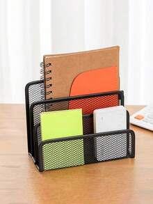 1pc Black Metal Mesh Desktop Letter Organizer, Small File Folder Organizer, With 3 Vertical Compartments Bookstand, Suitable For Classroom And Office Document Organization - Black - View 8