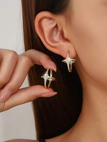 1 Pair Minimalist Design Fashionable Elegant Four-Pointed Star Hoop Earrings, Versatile Commuter Earrings For Women & Girls, Daily Wear - Multicolor - View 5