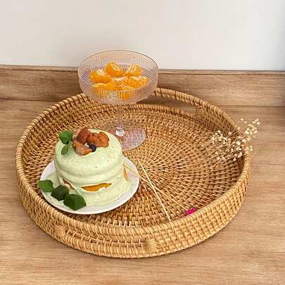 Round Rattan Woven Serving Tray With Handles Large Capacity Desktop Organizer For Coffee Beverage Breakfast Tea Candles