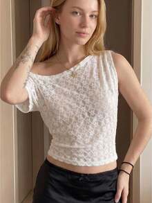 Women Sheer Off Shoulder Tops Slim Fit Flower Pattern Sleeveless Crop Shirts For Summer Going Out Party Club - White - View 6
