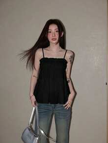 女款夏季細肩帶上衣，度假休閒風，方領修身胸部設計，梭織面料，無袖，白色，荷葉邊抽褶腰部，女性必備單品 - 黑色 - 查看 7