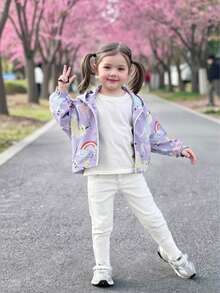 Baby Girls' Cute Hooded Cartoon Long Sleeve Zip-Up Rainbow Animal Print Lightweight Jacket, Suitable For Everyday Outings, Spring/Autumn - Purple - View 4