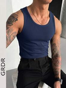 GRDR 男士夏季无袖纯色窄肩背心，运动休闲两相宜 - 藏蓝色 - 查看 6