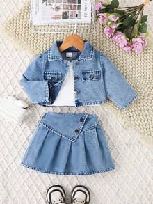 Set 3pcs/Set untuk Bayi Perempuan Gaya Kampus: Jaket, Kamisol, dan Rok Lipit, Musim Gugur/Dingin - Biru - View 2