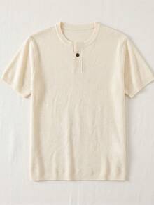 Men's Casual Solid Color Henley Neck Short Sleeve Knit T-Shirt, Summer - Beige - View 5
