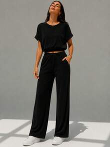 Two-Piece Loose-Fitting Straight-Leg Casual Simple Textured Fabric Faux Lace-Up Two-Piece Set Women's Casual Outfit For Home, Everyday Wear, Street Style, Airport Wear, Ideal For Year-Round Wear - 黑色 - 查看 3