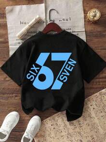 Summer Short-Sleeved T-Shirt For Boys, "67" With A Fun Digital Design. Suitable For Casual Wear, School, And Everyday Wear. - Hitam - View 2