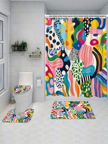 1/4pc Abstract Art Shower Curtain Set, Multi-Color Pop Art Print Bathroom Decor, Bathroom Curtain, Bathroom Accessories Including U-Shaped Mat, Toilet Lid Cover, 70.87X70.87 Inch Shower Curtain With Hooks, Modern Abstract Bathroom Decor - A - View 8
