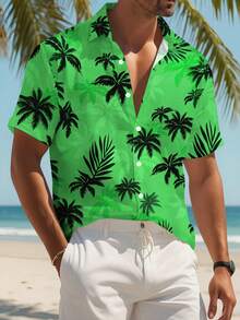 Men'S 3D Plant Print Polyester Hawaiian Shirt Summer Beach Short Sleeve Vintage Floral Casual Regular Fit Breathable Comfortable - 青色 - 查看 7