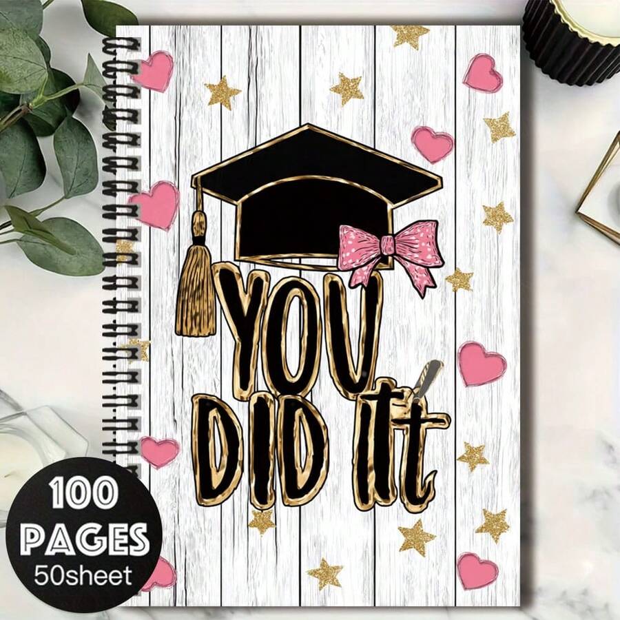 100-Page Spiral Notebook With Graduation Cap & Bow Design, Ideal For Work, Study, Journaling, And Daily Planning. Thoughtful Birthday Gift With Ceremony Vibe! - E - View 1