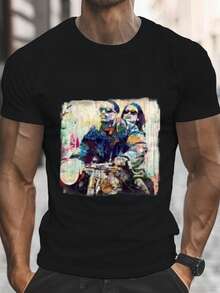 Pareja Artística Colorida en Motocicleta Estampado digital Manga corta Unisex Algodón puro Holgado y cómodo - Negro - Ver 8