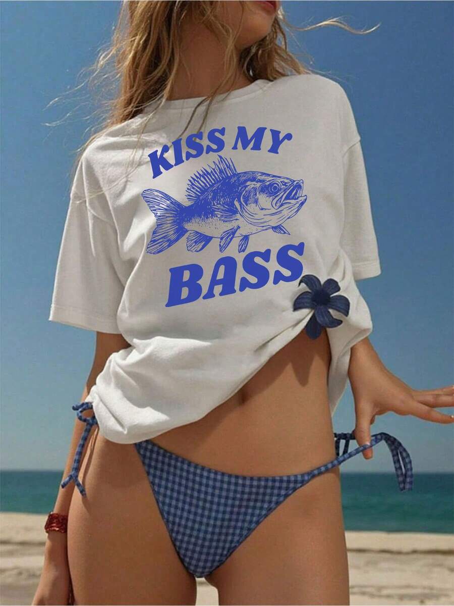 Women's Kiss My Bass & Fish Graphic Print Casual Short Sleeve T-Shirt, Suitable For Spring/Summer, Plus Size White - White - View 1