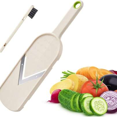 Juego de 2 mandolinas manuales multiusos: cuchilla en V de acero inoxidable, con cepillo de limpieza, mango ergonómico, fácil de limpiar, para cocina, picadora de verduras, fruta, rallador de queso y cortadora de patatas fritas (blanco).
