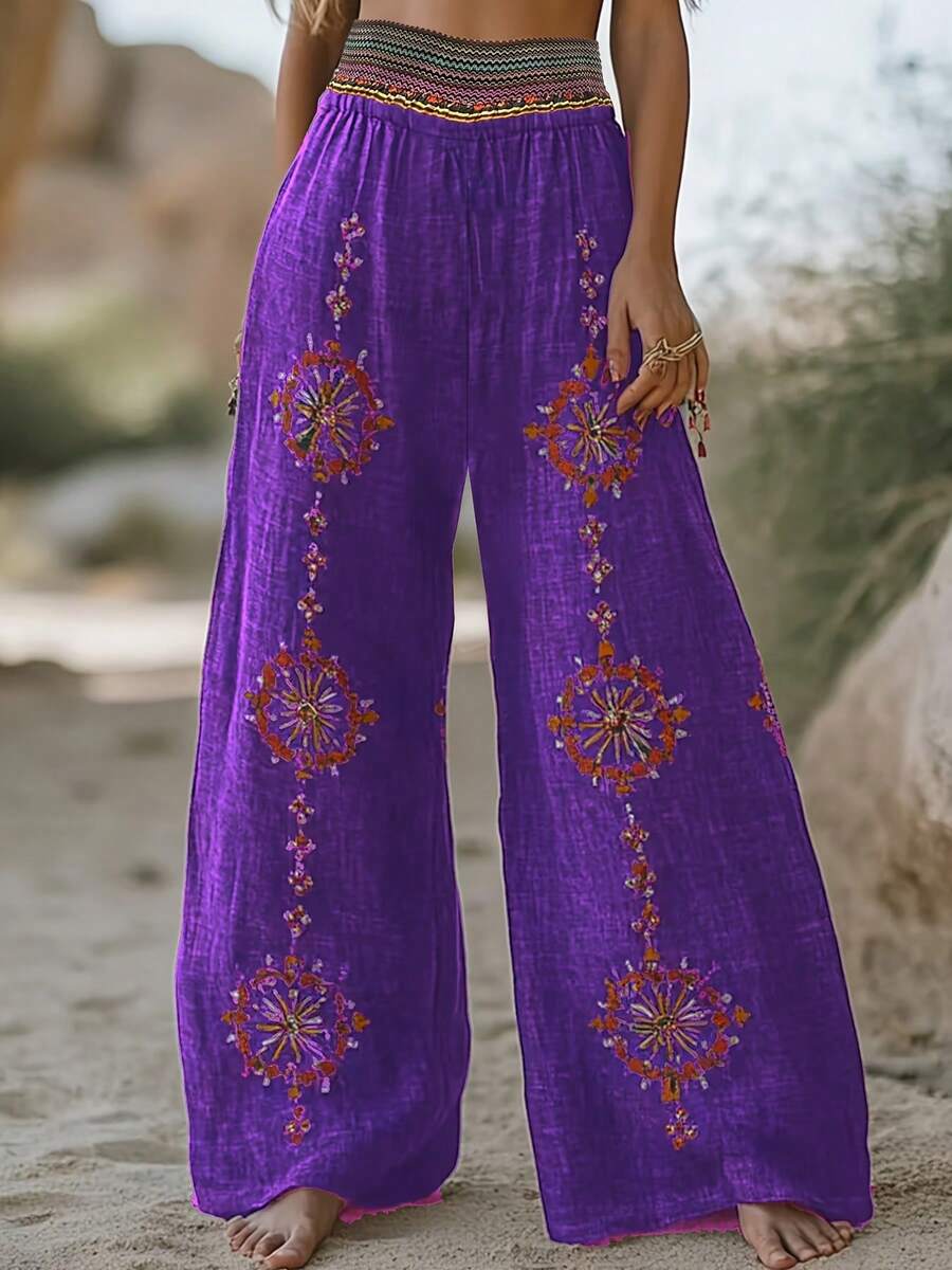 Talla Grande - Talla Grande - Nuevo Diseño Primavera/Otoño Niche Pantalones Casuales Holgados Retro de Cintura Alta con Estampado Aleatorio de Pierna Ancha - Morado - Ver 1