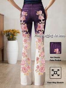 Pantalones estampados de talla grande, [pantalones estampados - no de tela de mezclilla] Pantalones acampanados de ajuste entallado con estampado de imitación de mezclilla, estampado floral, estampado con efecto de tela de imitación de mezclilla, bolsillos y botones de imitación, y estilo vintage de - Azul oscuro - Ver 10