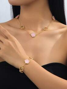 1 Set Delicate Elegant Hollow Sparkling Sweet Pink Clover Girl Bracelet & Necklace Jewelry Set - Pink - View 2