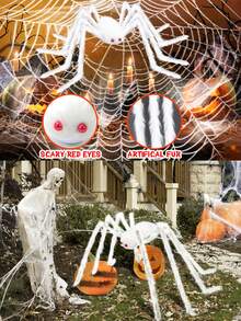 1pc-90cm/60cm/30cm Halloween White Spider Decoration, Large Realistic Spider With Scary Red Eyes, Outdoor Halloween Decoration Giant Spider, Halloween Decoration, Halloween Party Supplies, Creepy Halloween Party Decor, Scary Large Spider Prop, Suitable For Yard, Lawn, Indoor Party Decor, Spider Web, Garden, Trees, Party And Haunted House Decoration - Multicolor - View 3