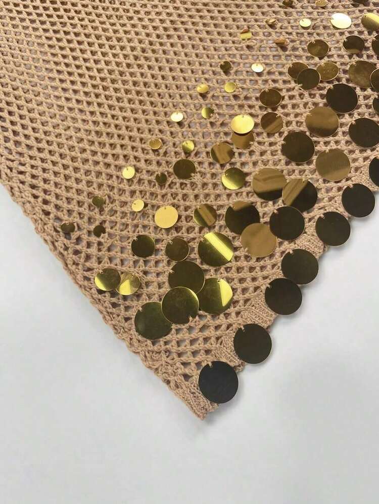 Vestido corto de verano sin mangas con diseño de lentejuelas, tirantes finos y transparente para playa y vacaciones, nueva llegada 2026 - Camel - Añade 9