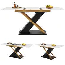 Extendable Dining Table (120-160*80cm), Kitchen/Living Room Table, Extendable To 160cm With The Help Of An Internal Extension Leaf, Dining Table With Golden Cross Legs - 黑色 - 查看 5