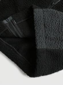 Lonblece 1pc Men's Loose Fleece Jacket, Black & Grey Colorblock Star Embroidery Outerwear, Casual Street Style - Black - View 7