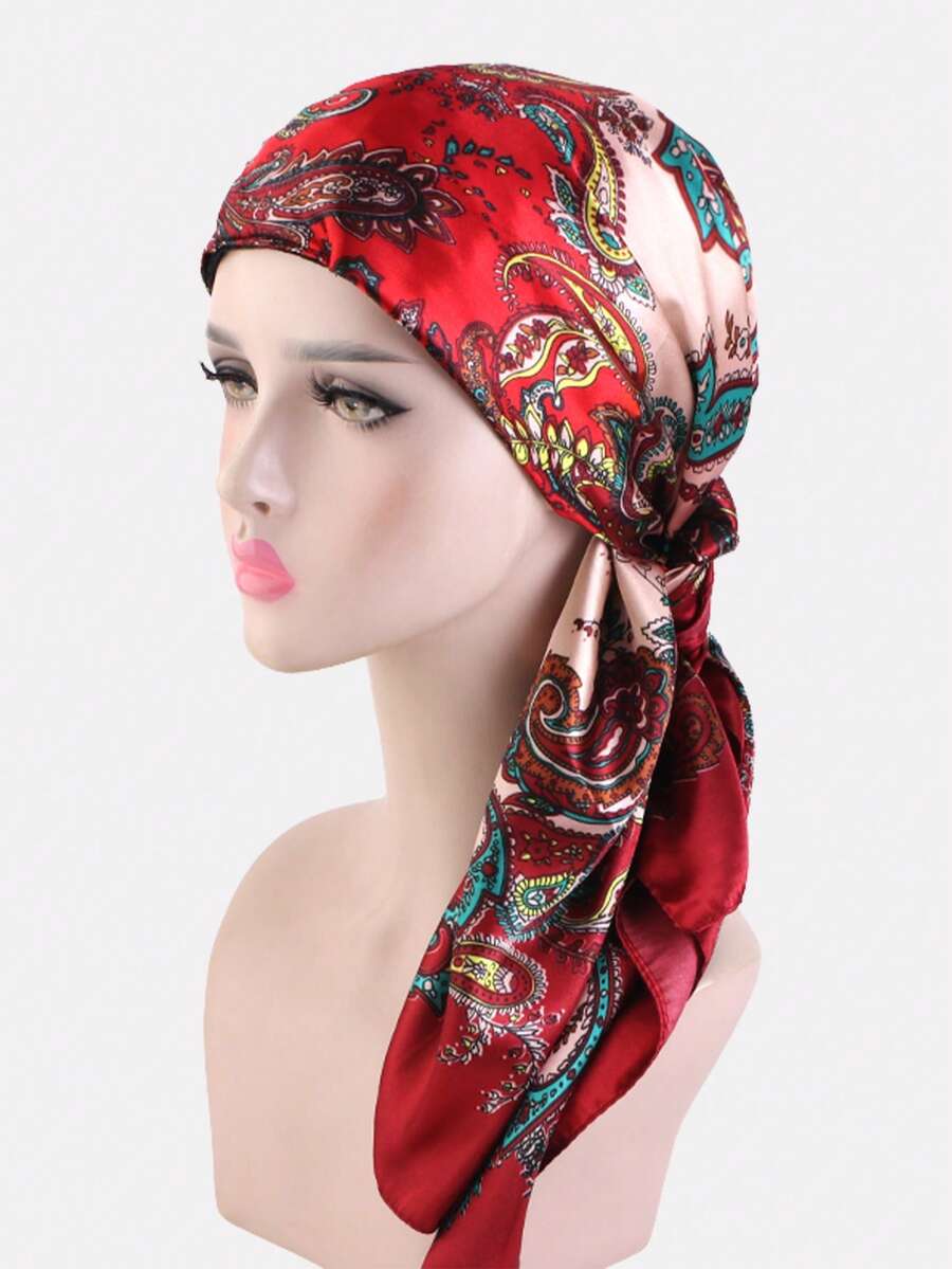 1pc Women's Headband Headscarf Set, Cashew Flower Pattern, All-In-One Head Wrap, Hair Care, Suitable For Daily Use - Wine Red Amoeba - View 1