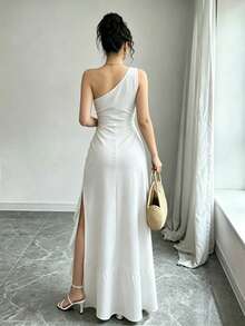 Vestido Largo Blanco Elegante Hombro Único con Abertura y Volantes para Fiesta, Boda o Evento Formal - Blanco - Ver 2
