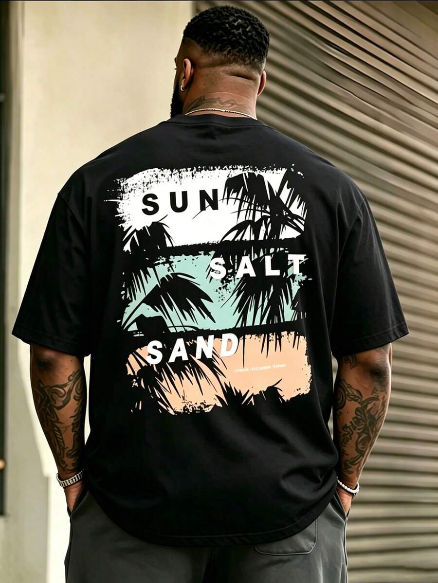 Men's Plus Size Sun Salt Palm Tree Print T-Shirt, Casual Loose Fit Crew Neck Short Sleeve T-Shirt, Black Summer Street Style - Black - View 1